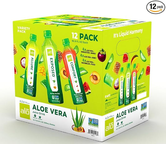 ALO Aloe Vera Juice | 16.9 fl oz, Pack of 12 | 3-Flavor Variety Pack | ALLURE, COMFORT, EXPOSED Plant-Based Drink