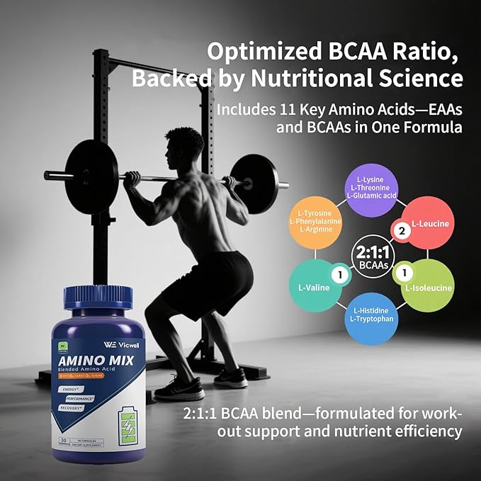 Amino Acid, Supports Muscle Recovery and Lean Muscle Growth, Enhances Energy and Endurance, Contains Essential Amino Acids and BCAAs, 90 Capsules (1 Bottles)