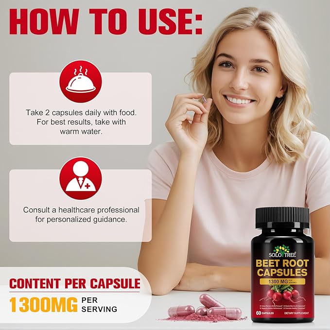 Beet Root Capsules for Natural Energy & Endurance Support,1300mg Beetroot Powder,Beet Supplement to Support Circulation and Blood Flow- 60 Capsules,30-Day Supply