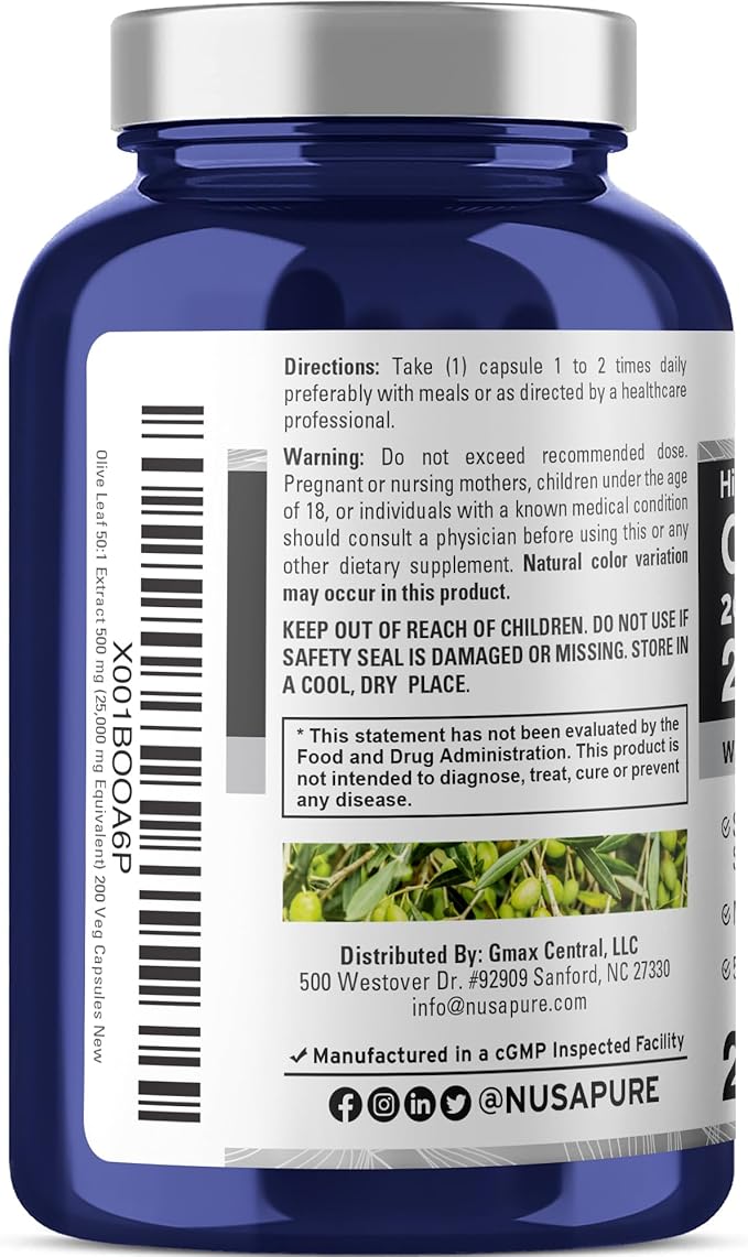 NusaPure Olive Leaf 20% Oleuropein 50:1 Extract, 500 mg Equivalent to 25,000 mg 200 Veg Caps Suitable for Vegetarians and Vegans, Non-GMO