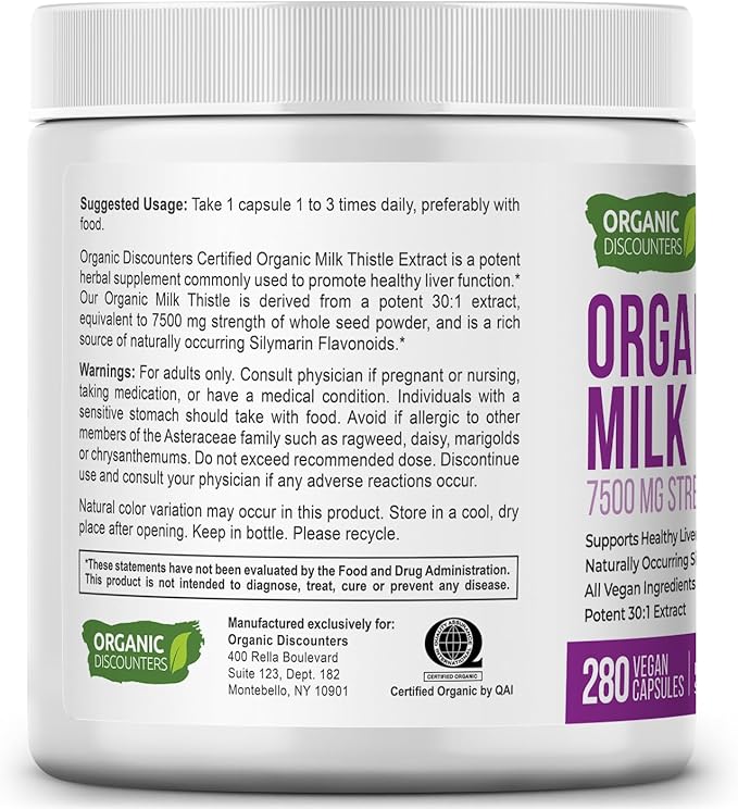 Organic Discounters Milk Thistle Capsules, 280 Count, 7500 mg Strength, Potent 30:1 Extract, USDA Certified Organic, Rich in Silymarin Flavonoids, Vegan, Non-GMO and All-Natural