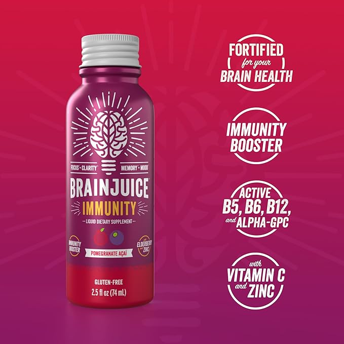 BrainJuice Brain and Immune Support Shot, Gluten Free Supplement Shots for Energy, Focus, Immunity with Vitamin D, C B, Alpha GPC & Organic Ginger Root, Pomegranate Acai, 2.5 fl oz, 12 Pack