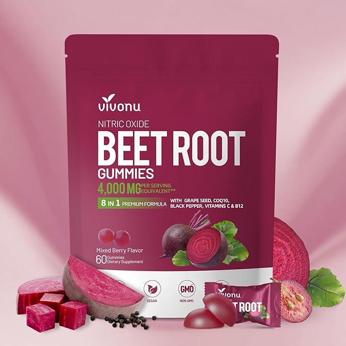 Super Beetroot Gummies 8-in-1 Premium Energy Supplement with CoQ10, Beetroot Extract, Grape Seed Extract, Black Pepper Extract, Vitamins C & B12, L-Arginine & L-Citrulline