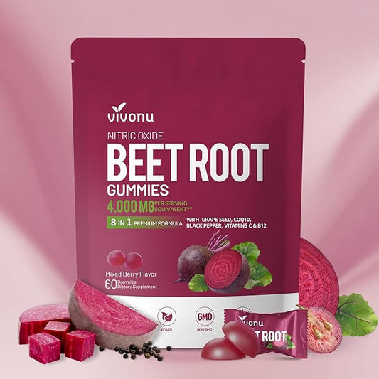 Super Beetroot Gummies 8-in-1 Premium Energy Supplement with CoQ10, Beetroot Extract, Grape Seed Extract, Black Pepper Extract, Vitamins C & B12, L-Arginine & L-Citrulline