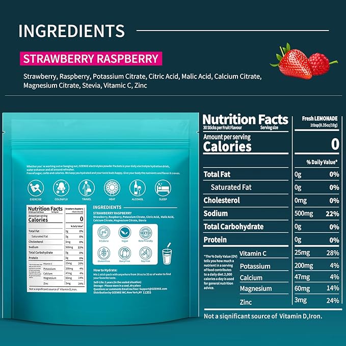 Electrolytes Powder Packets, 30 Sticks Hydration Packets Sugar Free, Electrolyte Drink Mix Portable Electrolyte Packets for Rapid Hydration, 0 Sugar & 0 Calorie, Strawberry & Raspberry Flavor