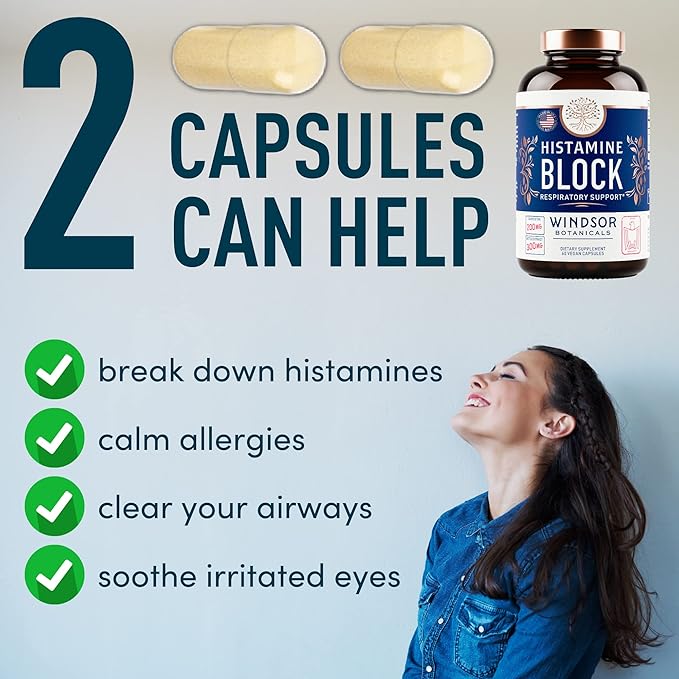 Histamine Blocker for Allergies - Quercetin, Stinging Nettle Flavonoids Natural Antihistamine Tablets - Allergy Relief Supplements & Antihistamines for Adults - 60 Vegan Histamine Block Capsules