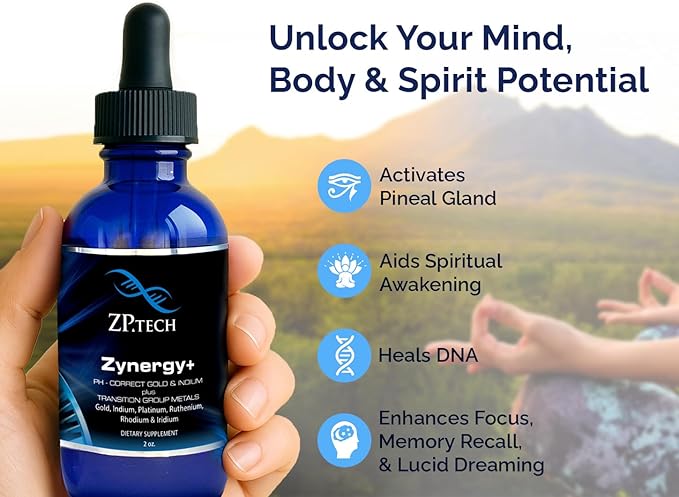 Zynergy Plus Colloidal Ormus Gold Liquid | All Natural, Pure Monoatomic 24k Food Grade Mineral Au & Indium | Ormus Gold Oil Supports Pineal Gland, Anti-Aging, Meditation, Yoga, Third Eye