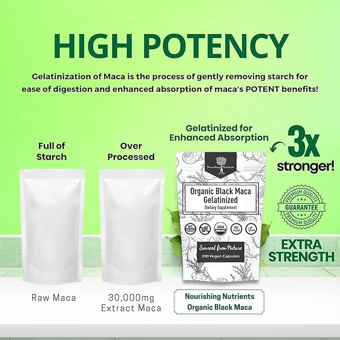 Organic Gelatinized Black Maca – 3X Stronger 200 Capsules for Men & Women, Natural Energy Supplement for Focus, Performance, Stamina & Endurance, Mood Enhancement and Stability, Mental Clarity 1000mg