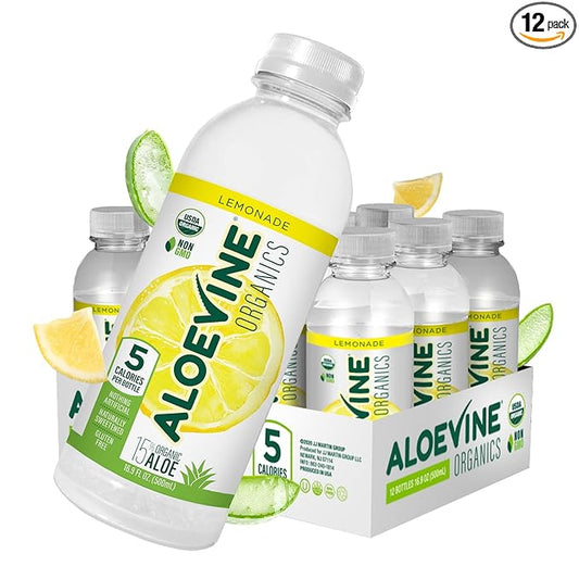 Aloe Vera Juice, No-Pulp Organic Aloe Vera Drink, Healthy Juice with Aloe Powder and Lemon Juice, 5 Calories, Low Sugar, No Artificial Ingredients, 16.9 oz, 12 Pack, Lemonade - Aloevine Organics