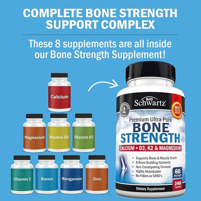 High Absorption Bone Strength Supplement - Gentle Non-Constipating Bone Health Supplement for Women & Men with 9-in-1 Complex with Calcium Magnesium Zinc D3 K2 & More - 3rd Party Tested - 2 Months