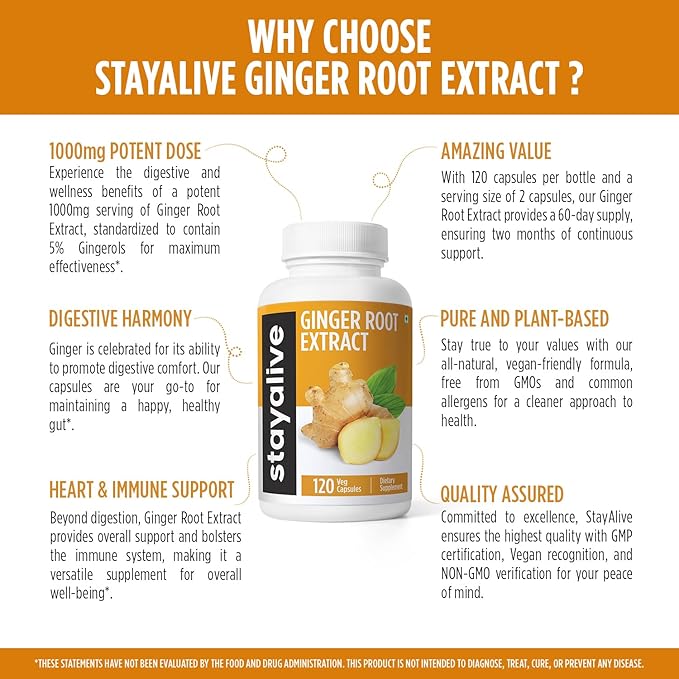 STAY ALIVE Pure Ginger Root Capsules 1000mg, 10:1 Extract Powder with 5% Gingerols, 120 Pills, Extra Strength Root Powder, Vegan, Non-GMO and Gluten-Free Ginger Supplement