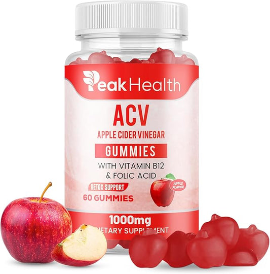 Apple Cider Vinegar Gummies with Vitamins - Delicious Apple Flavor for Women's Health, Metabolism Support & Digestive Wellness, 1000mg ACV with B12, B6, Folic Acid, 60 Vegan Gummies