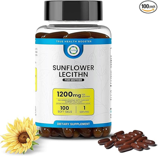 Sunflower Lecithin 1200 mg, Milk Flow, Soy-Free & Non-GMO Support for Breastfeeding Moms Unblocks Clogged Milk Ducts, Brain, Nerve & Liver Health, Phospholipid-Rich for Mother 100 Softgel