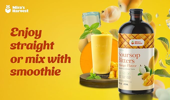 Mira's Harvest Soursop Bitters Liquid Mango Flavor, Premium Grade For Immune Boost, with Irish Moss, Burdock Root, African Mango 16oz