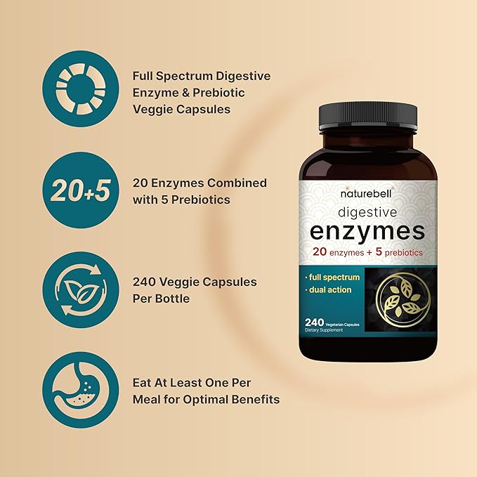 Digestive Enzymes with Probiotics and Prebiotics, 240 Veggie Capsules | Gut Health Support for Women & Men – 20 Enzyme, 10 Probiotic, & 5 Prebiotic Pancreatic Complex | Non-GMO, Vegan