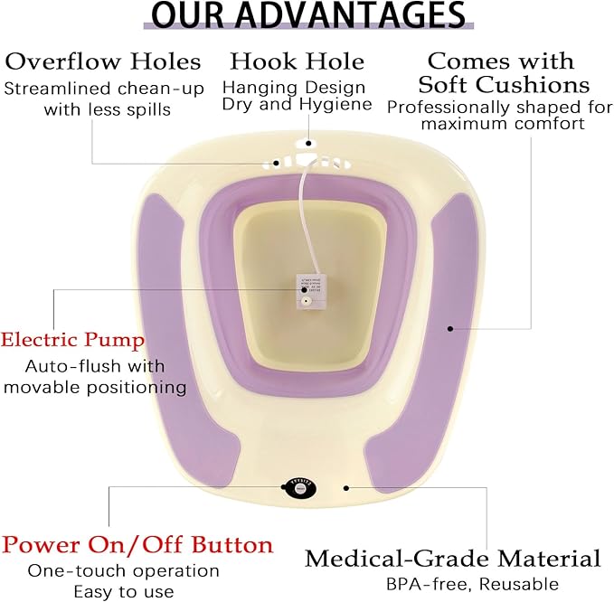 Electric Sitz Bath, Sitz Bath for Postpartum Care, Sitz Bath for Hemorrhoids, Sitz Bath for Toilet Seat, Sits Bath for Women Men Adults, Sitz Bath Soak Salts, Hip Bath Bowl, Collapsible, Purple