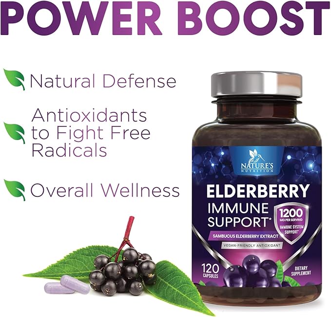 Elderberry Immune Support 1200mg Extract Capsules - Daily Immune Support for Adults with Concentrated Sambucus Black Elderberry Antioxidant - Gluten Free Vitamin, Non-GMO Supplement - 120 Capsules