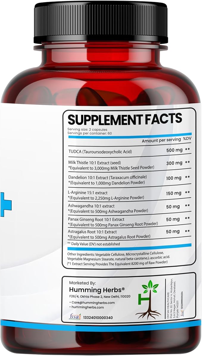 TUDCA Supplement 7in1 Complex with Milk Thistle, L-Arginine, Ashwagandha, Dandelion, Astragalus Root – 120 Capsules