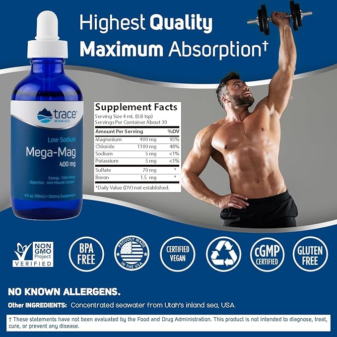 Trace Minerals | Mega-Mag 400 mg Liquid Magnesium Chloride | Supports Normal Muscle Function | 60 Servings, 4 fl oz (2 Pack)