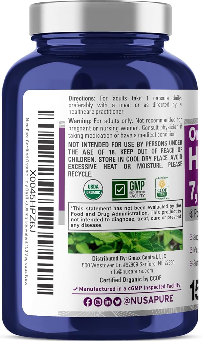 NusaPure USDA Organic Holy Basil Capsules 20:1 Extract, 350 mg Equivalent to 7,000mg | 150 Vegan Caps | Tulsi Holy Basil Leaf Extract | 2.5% Ursolic Acid | Non-GMO