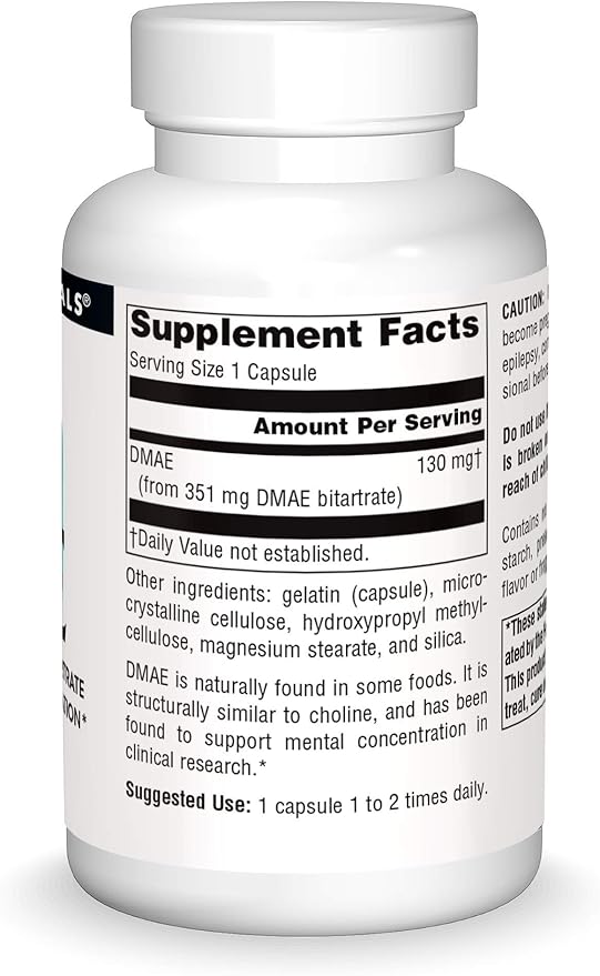 Source Naturals DMAE, Dimethylaminoethanol Bitartrate - Supports Mental Concentration*, 351mg - 100 Capsules