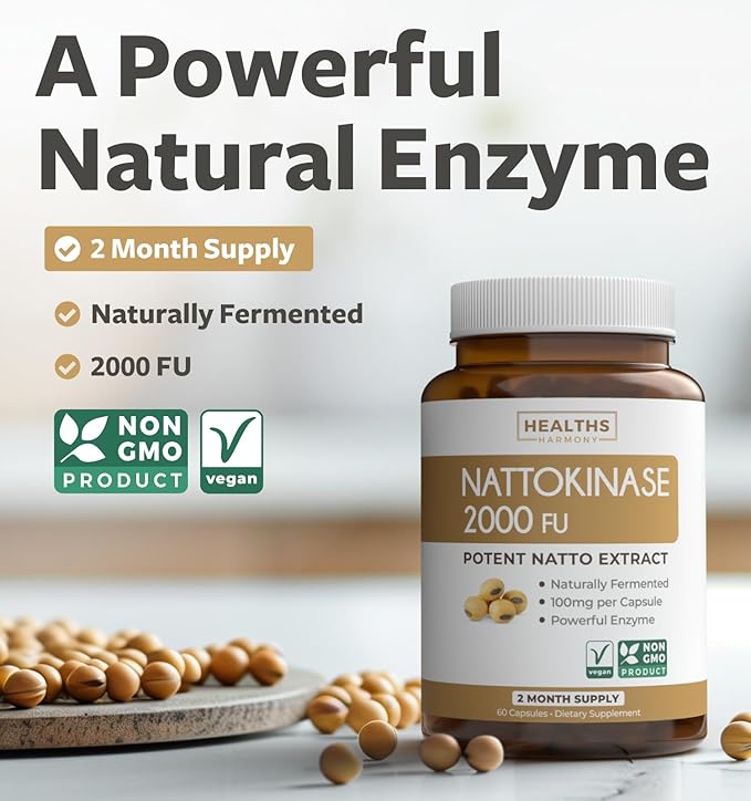 Healths Harmony Nattokinase 2000 FU (Non-GMO) Powerful Nattokinase Supplement Made from Naturally Fermented Soybeans - (2 Month Supply) 60 Vegan Natto Capsules