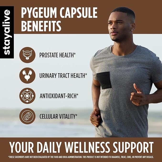 STAY ALIVE Pygeum Africanum Supplement, 7-in-1 Extract w/Saw Palmetto, Pumpkin Seed, Stinging Nettle and Lycopene, 120 Vegan Capsules, Non-GMO and Gluten-Free Pygeum Supplement for Men and Women
