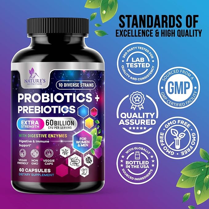 Probiotics for Women & Men 60 Billion CFU - 10 Strains with Lactobacillus, Digestive Gut Health Probiotics & Immune Support Supplement, Supports Occasional Constipation, Gas & Bloating - 60 Capsules