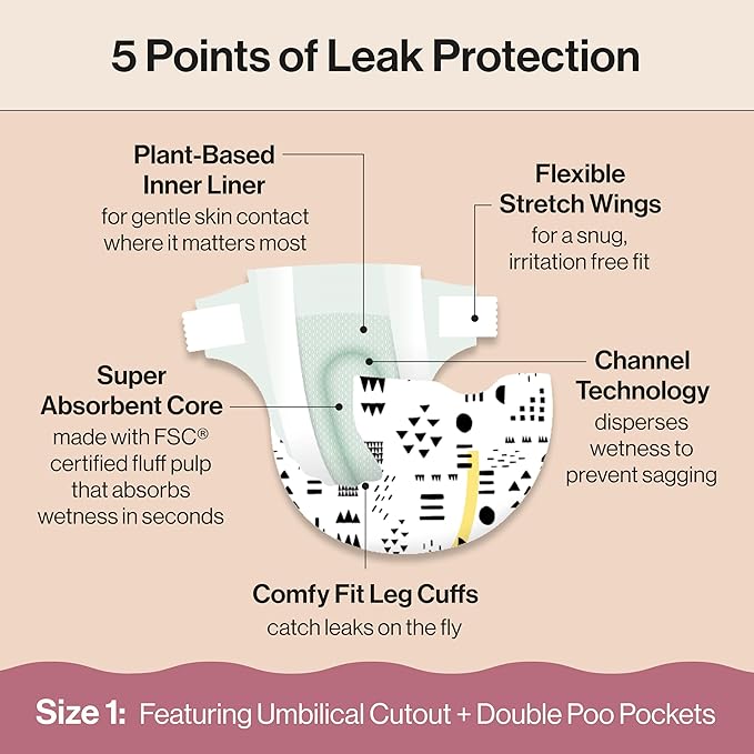 The Honest Company Clean Conscious Diapers for Delicate Skin | Up to 100% Leakproof | Hypoallergenic, Fragrance Free | Gender Neutral | Super Club Box, Size 1 (8-14 lbs), 136 Count (Prints May Vary)