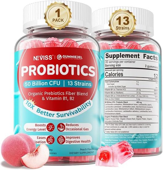 NEVISS Probiotic + Prebiotic Gummies for Adults & Kids 4+, Sugar Free Chewable 50 Billion CFUs w/Fiber, Vitamin B1 B2 D3 & Zinc, for Digestive & Gut Health, Boost Microflora Diversity, 60 Cts