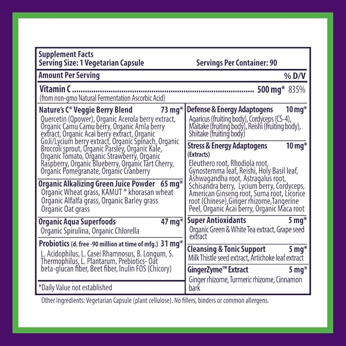 Paradise Herbs Earth's Blend Vitamin C with Nature's C and Adaptogens, Superfoods Base of Probiotics & Organic Alkalizing Greens, 90 Vegetarian Capsules
