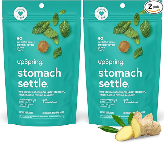 UpSpring Stomach Settle Drops for Occasional Nausea Relief, Upset Stomach and Motion Sickness with Ginger, Lemon, Spearmint and B6, Mint Flavor Drops, 56ct (Pack of 2)