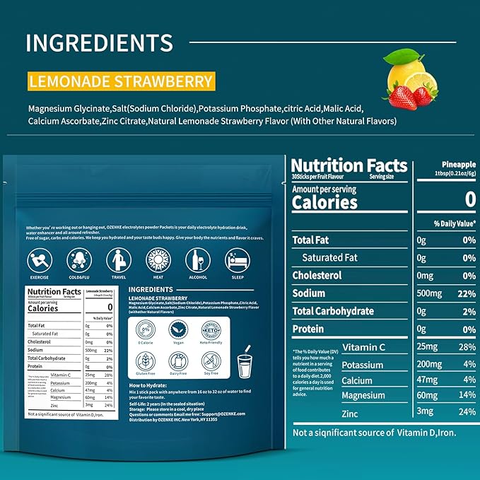 Electrolytes Powder Packets, 30 Sticks Hydration Packets Sugar Free, Electrolyte Drink Mix Portable Electrolyte Packets for Rapid Hydration, 0 Sugar & 0 Calorie, Lemon & Strawberry Flavor