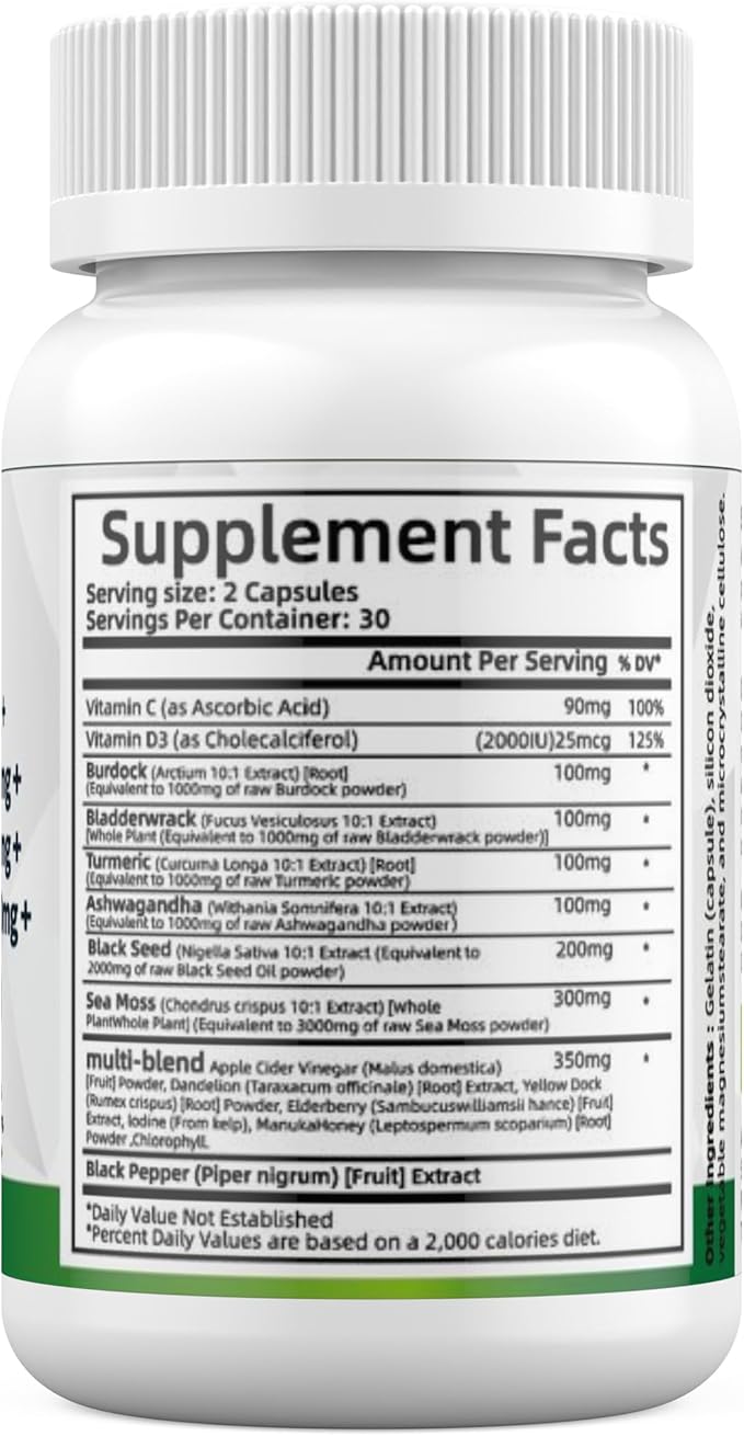 Super Sea Moss Blend - Advanced Formula with Ashwagandha KSM 66, Black Seed Oil, Burdock Root, Bladderwrack, Turmeric, ACV, Ayurveda - Lab Tested, Maximum Potency for Men and Women