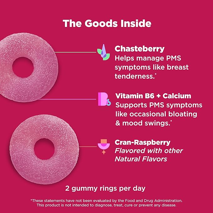 OLLY Period Hero Gummies, PMS Support Supplement,* Chasteberry, Vitamin B6, Calcium, Cran-Raspberry Flavor, 30 Day Supply - 60 Count
