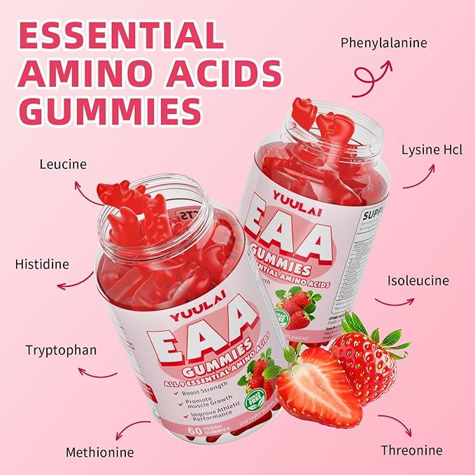 Pack of 2 EAA Gummies Essential Amino Acids - All 9 Essential Aminos (EAA) and All Branched-Chain Aminos (BCAAs) for Muscle Recovery, Energy Support, Strawberry Flavor, 120 Count