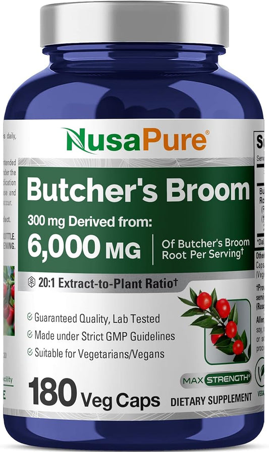 NusaPure Butcher's Broom Root 20:1 Extract, 300 mg Equivalent to 6,000 mg Veggie Caps 180 Count (Non-GMO, Vegan)