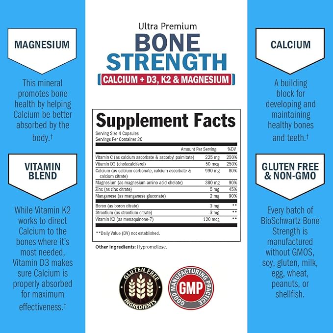 High Absorption Bone Strength Supplement - Gentle Non-Constipating Bone Health Supplement for Women & Men with 9-in-1 Complex with Calcium Magnesium Zinc D3 K2 & More - 3rd Party Tested - 1 Month