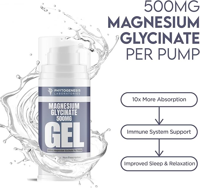Topical Magnesium Glycinate Gel – 500mg Per Pump – High Absorption Transdermal Formula – Soothes Muscles - Supports Relaxation & Sleep – 4oz