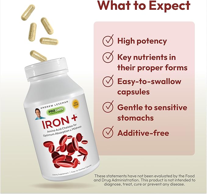 ANDREW LESSMAN Iron Plus 90 Capsules - 18mg Iron, 100% Pure Amino Acid Chelated Iron (Glycinate, Aspartate), Plus Vitamin C for Increased Absorption, Small, Easy to Swallow Capsules, No Additives
