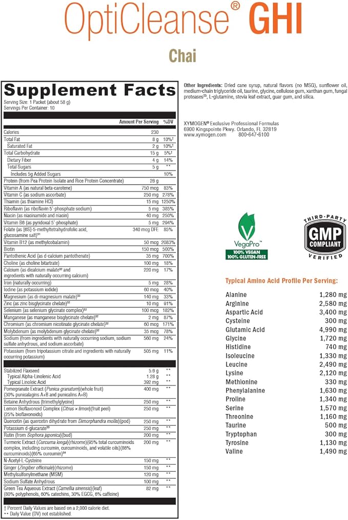 XYMOGEN OptiCleanse GHI Detox Cleanse - Vegan Protein Powder with Vitamins, Phytonutrients, Minerals to Aid Liver Detox, Cytokine Balance, & Gut Health Support - Chai (10 Packets)