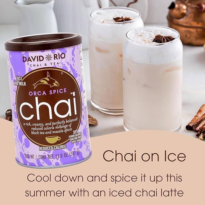 Orca Spice Reduced Calorie Chai Tea Latte Mix, 11.9 Oz, Black Tea, Organic Spices, Sugar Free, Dairy Free, Serve Hot or Cold, Just Add Water or Milk, 18 Servings