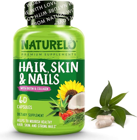 NATURELO Hair, Skin and Nails Multivitamin - 5000 mcg Biotin, Collagen, Natural Vitamin E - Supplement for Healthy Skin, Hair Growth for Women and Men – 60 Capsules