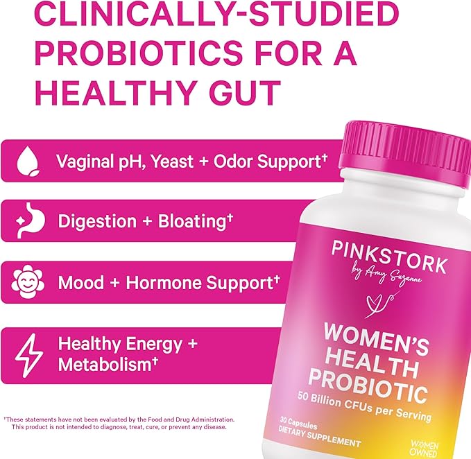 Pink Stork Women’s Probiotic Capsules – 50 Billion CFU Probiotics and Prebiotics – Supports Vaginal Flora, pH Balance, Gut Health, Mood + Digestive Wellness – Dairy-Free, Vegan, Non-GMO – 30 Count