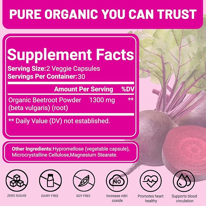 Premium Beet Root Capsules - 60 Vegan Capsules, Natural Beetroot Supplement Powder for Natural Energy & Endurance Support, Non-GMO, Gluten Free Dietary Support, 30-Day Supply