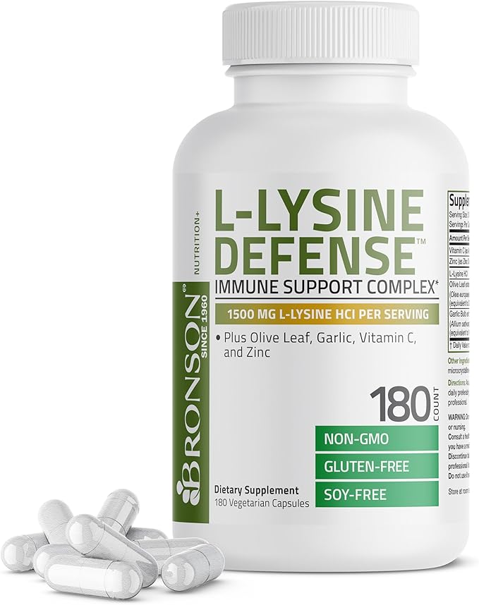 Bronson L-Lysine Defense Immune Support Complex 1500 MG L-Lysine Plus Olive Leaf, Garlic, Vitamin C and Zinc - Non-GMO, 180 Vegetarian Capsules