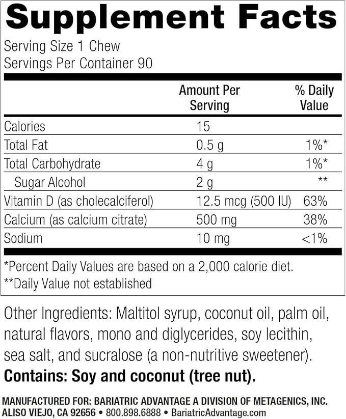 Bariatric Advantage Calcium Citrate Chewy Bites 500 mg - Highly Absorbable & Digestible - Vitamin D3 - Easily Chewable Calcium Supplement - Coconut Flavor - 90 Count