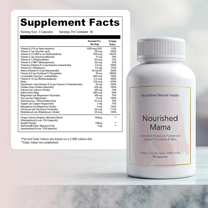 Nourished Mama Prenatal Multi Vitamin - Vegan Multivitamin for Preconception, Pregnancy, Postpartum and Breastfeeding Support - Iron-Free with Methylated Folate & High Dose Choline - 540 Capsules