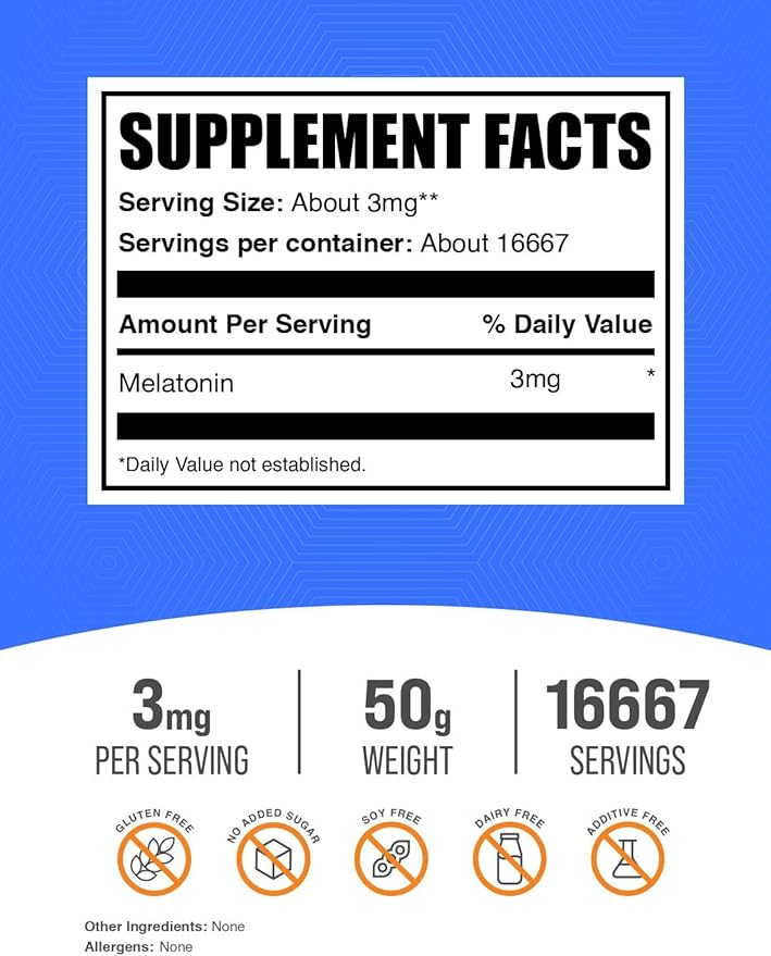 BulkSupplements.com Melatonin Powder - Sleep Supplement, Melatonin for Adults, Melatonin 3 mg - Vegan Melatonin, Pure & Gluten Free, 3mg per Serving, 50g (1.8 oz) (Pack of 1)