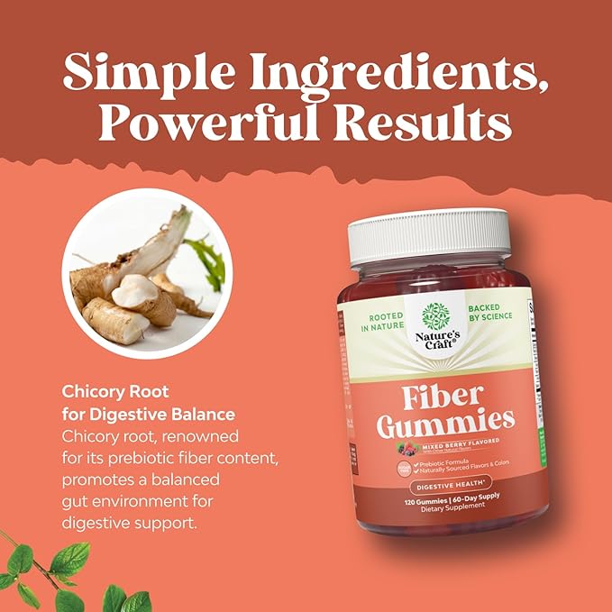 Fiber Gummies for Adults - Chicory Root Supplement with Prebiotic Support for Gut & Digestive Health - Soluble Digestion Capsules for Stomach Regulation & Immune Aid - Sugar Free & Vegan - 120 Count